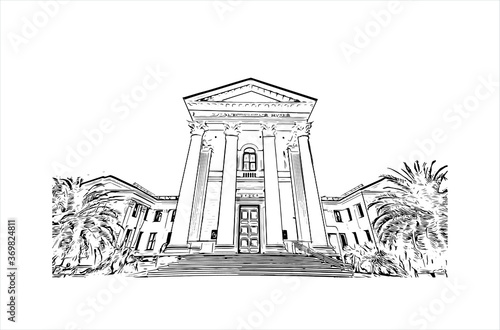Building view with landmark of Sochi, a Russian city on the Black Sea, is known as a summer beach resort. Hand drawn sketch illustration in vector.