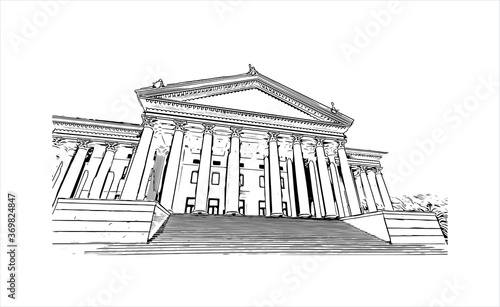 Building view with landmark of Sochi, a Russian city on the Black Sea, is known as a summer beach resort. Hand drawn sketch illustration in vector.