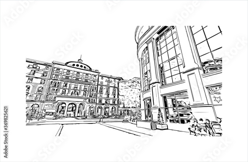 Building view with landmark of Sochi, a Russian city on the Black Sea, is known as a summer beach resort. Hand drawn sketch illustration in vector.