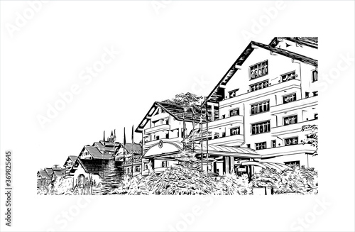 Building view with landmark of Sochi, a Russian city on the Black Sea, is known as a summer beach resort. Hand drawn sketch illustration in vector.