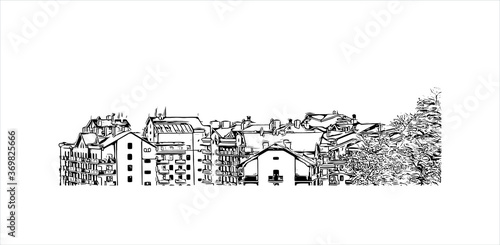 Building view with landmark of Sochi, a Russian city on the Black Sea, is known as a summer beach resort. Hand drawn sketch illustration in vector.