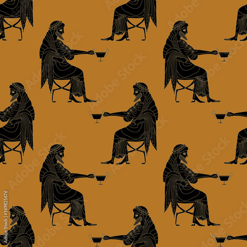 Seamless pattern with seated ancient Greek man holding cup. God of wine Dionysus or Bacchus. Monochrome silhouette. Vase painting style.