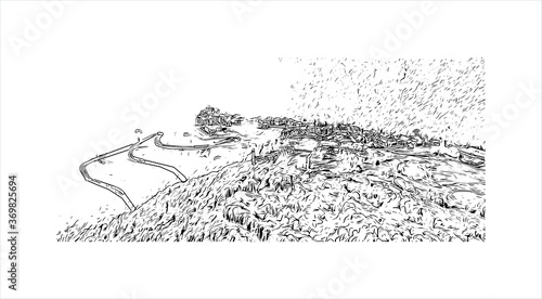 Building view with landmark of Sochi, a Russian city on the Black Sea, is known as a summer beach resort. Hand drawn sketch illustration in vector.