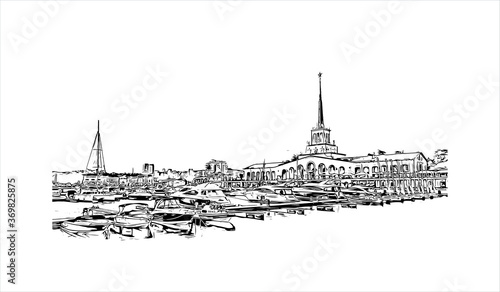 Building view with landmark of Sochi, a Russian city on the Black Sea, is known as a summer beach resort. Hand drawn sketch illustration in vector.