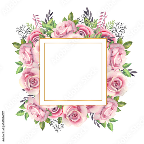 Fototapeta Naklejka Na Ścianę i Meble -  Pink rose flowers, green leaves, berries in a gold geometric frame. Wedding concept with flowers. Watercolor compositions for the decoration of greeting cards or invitations