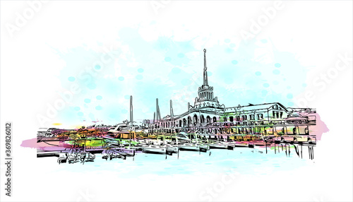 Building view with landmark of Sochi, a Russian city on the Black Sea, is known as a summer beach resort. Watercolor splash with hand drawn sketch illustration in vector.