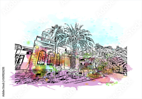 Building view with landmark of Sochi, a Russian city on the Black Sea, is known as a summer beach resort. Watercolor splash with hand drawn sketch illustration in vector.