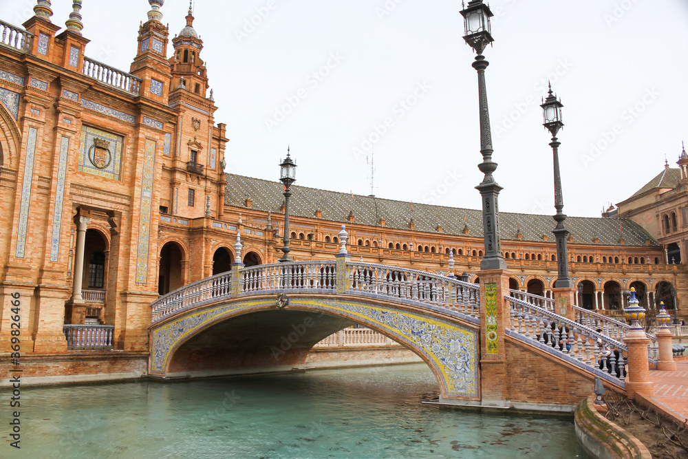 Spain, Seville. Spain Square, a landmark example of the Renaissance Revival style in Spanish architecture of the last century