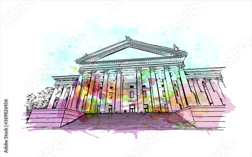 Building view with landmark of Sochi, a Russian city on the Black Sea, is known as a summer beach resort. Watercolor splash with hand drawn sketch illustration in vector.