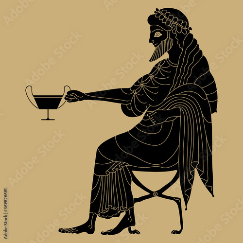 Seated ancient Greek man holding cup. God of wine Dionysus or Bacchus. Monochrome silhouette. Vase painting style.