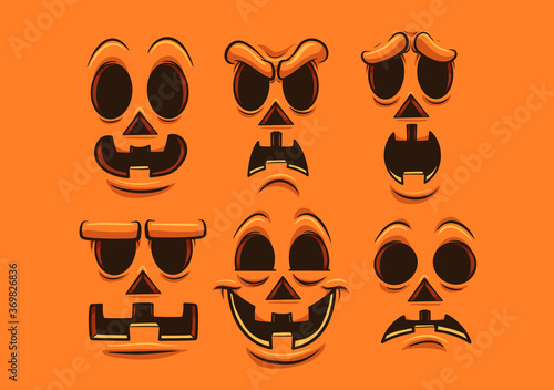 Halloween pumpkin faces with different expressions and emotions. Vector clip art illustration. Each on a separate layer. 
