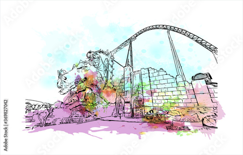 Building view with landmark of Sochi, a Russian city on the Black Sea, is known as a summer beach resort. Watercolor splash with hand drawn sketch illustration in vector.