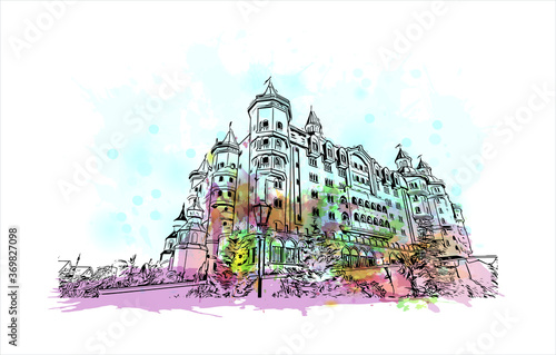 Building view with landmark of Sochi, a Russian city on the Black Sea, is known as a summer beach resort. Watercolor splash with hand drawn sketch illustration in vector.