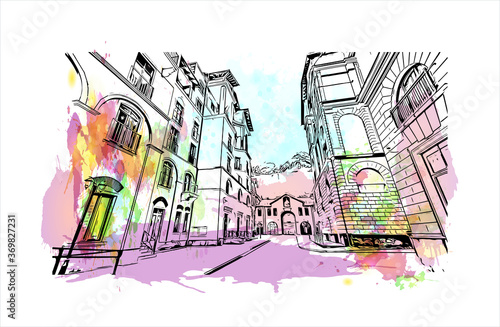 Building view with landmark of Sochi, a Russian city on the Black Sea, is known as a summer beach resort. Watercolor splash with hand drawn sketch illustration in vector.