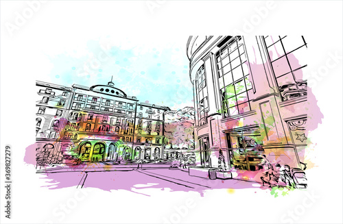 Building view with landmark of Sochi, a Russian city on the Black Sea, is known as a summer beach resort. Watercolor splash with hand drawn sketch illustration in vector.