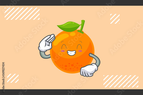 CONTENT, HAPPY Face Emotion. Salute Respect Hand Gesture. Orange, Citrus Fruit Cartoon Drawing Mascot Illustration.