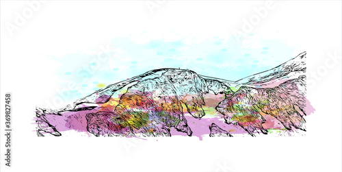Building view with landmark of Sochi, a Russian city on the Black Sea, is known as a summer beach resort. Watercolor splash with hand drawn sketch illustration in vector.