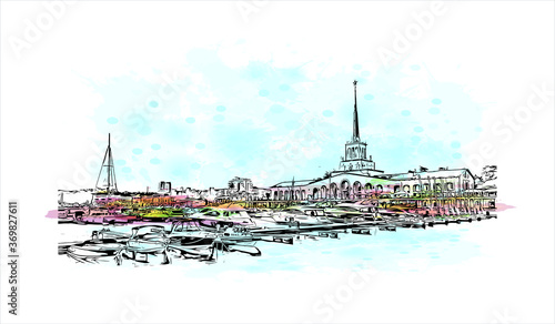 Building view with landmark of Sochi, a Russian city on the Black Sea, is known as a summer beach resort. Watercolor splash with hand drawn sketch illustration in vector.