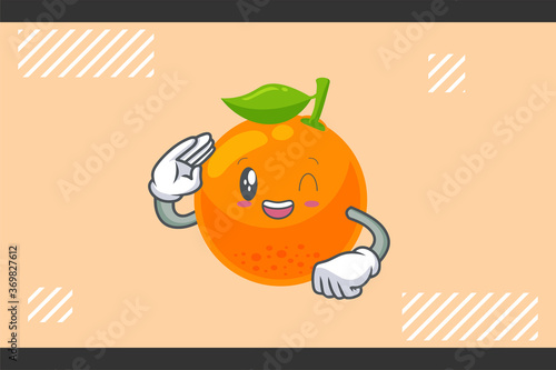 GRINNING WINK, HAPPY Face Emotion. Salute Respect Hand Gesture. Orange, Citrus Fruit Cartoon Drawing Mascot Illustration.