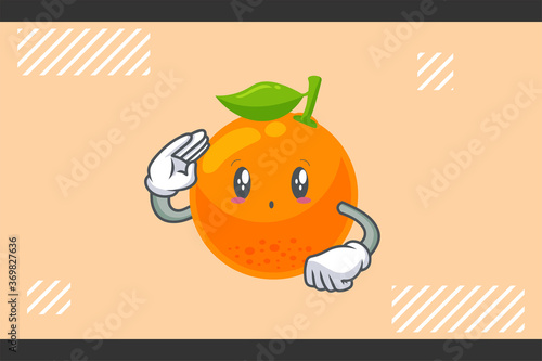 UH , OH, GASP Face Emotion. Salute Respect Hand Gesture. Orange, Citrus Fruit Cartoon Drawing Mascot Illustration.