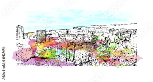 Building view with landmark of Sochi, a Russian city on the Black Sea, is known as a summer beach resort. Watercolor splash with hand drawn sketch illustration in vector.
