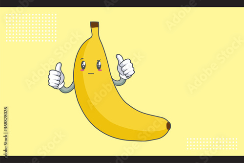 REALLY, ATTENTIVE, Curios Face Emotion. Double Thumb Up Hand Gesture. Banana Fruit Cartoon Drawing Mascot Illustration.