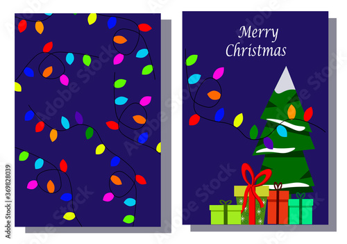 Template set of two cards Merry Christmas and Happy New Year. Garland of multi-colored light bulbs, Christmas tree and gifts. Vector illustration on a blue background. For congratulations, packaging