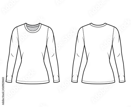 Crew neck jersey sweater technical fashion illustration with long sleeves, close-fitting shape tunic length. Flat outwear apparel template front back white color. Women men unisex shirt top CAD mockup