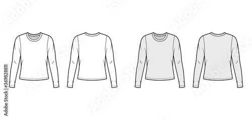 Crew neck jersey sweater technical fashion illustration with long sleeves, oversized body. Flat outwear apparel template front back white grey color. Women men unisex shirt top CAD mockup