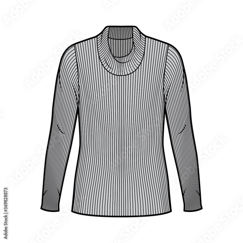 Ribbed cowl turtleneck knit sweater technical fashion illustration with long sleeves, oversized body, tunic length. Flat sweater apparel template front grey color. Women men unisex shirt top CAD