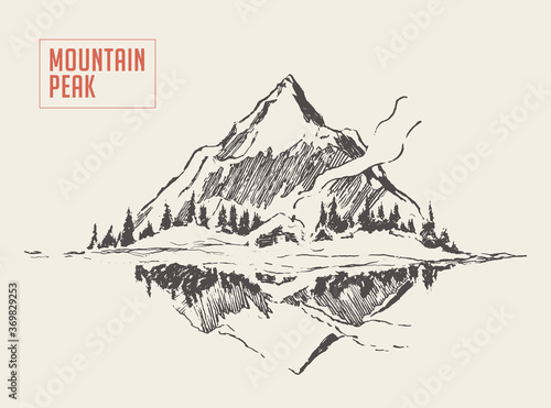 Beautiful cozy house lake mountain vector sketch