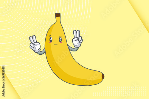 REALLY, ATTENTIVE, Curios Face Emotion. Double Peace Hand Gesture. Banana Fruit Cartoon Drawing Mascot Illustration.