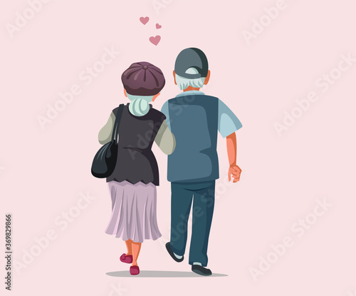 Old Couple in Love Walking Together Vector Illustration