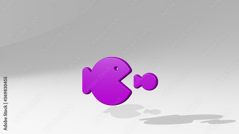 business big small fish made by 3D illustration of a shiny metallic sculpture with the shadow on light background. concept and design business big small fish made by 3D illustration of a shiny metallic sculpture with the shadow on light background. concept and design