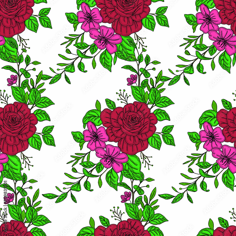 Seamless pattern with red flowers and leaves on white background. Vector floral pattern, flower rose in pastel color, tileable for wallpaper, card or fabric. Vector illustration. Seamless pattern with red flowers and leaves on white background. Vector floral pattern, flower rose in pastel color, tileable for wallpaper, card or fabric. Vector illustration.