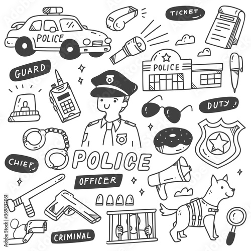 Set of Cute Police Related Objects in Doodle Style