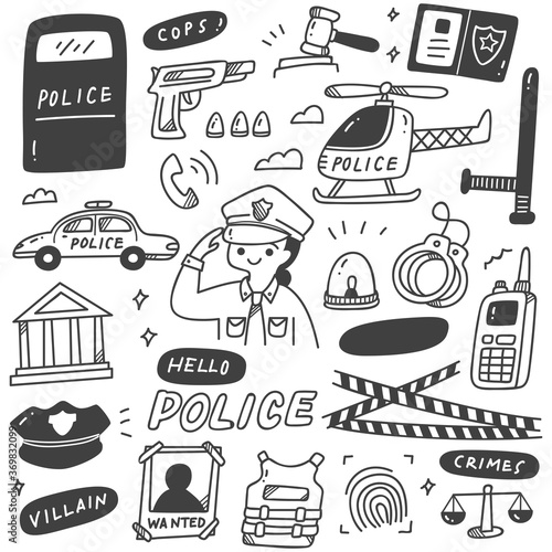 Cute Police Woman and Related Objects in Doodle Style
