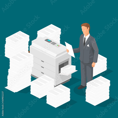 Isometric Photocopier Surrounded by Stacks of Paper With businessman - Vector Illustration