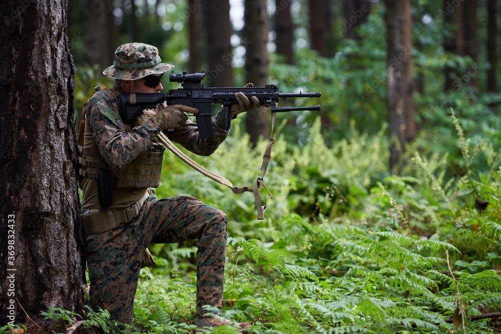 soldier in action aiming on weapon laser sight optics soldier in action aiming on weapon laser sight optics