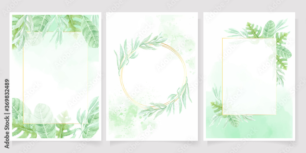 watercolor green leaf on green splash background wedding invitation card template collection