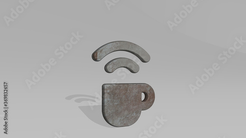 WIFI COFFEE casting shadow from a perspective. A thick sculpture made of metallic materials of 3D rendering. illustration and icon