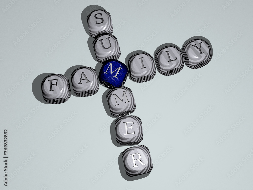 crosswords of FAMILY SUMMER arranged by cubic letters on a mirror floor, concept meaning and presentation. child and happy crosswords of FAMILY SUMMER arranged by cubic letters on a mirror floor, concept meaning and presentation. child and happy