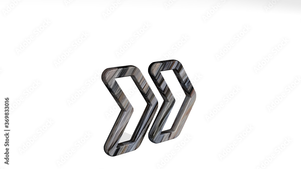 ARROW DOUBLE RIGHT casting shadow from a perspective. A thick sculpture made of metallic materials of 3D rendering. illustration and background ARROW DOUBLE RIGHT casting shadow from a perspective. A thick sculpture made of metallic materials of 3D rendering. illustration and background