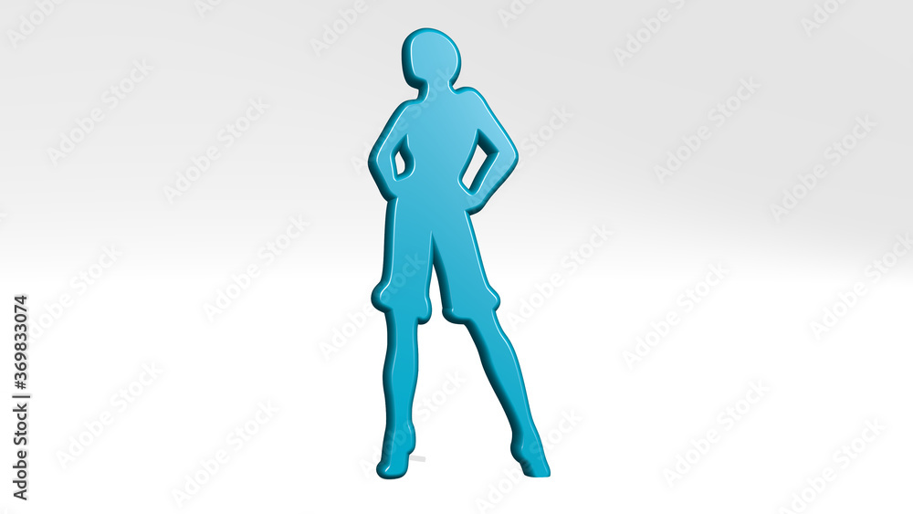girl stand with shadow. 3D illustration of metallic sculpture over a white background with mild texture. beautiful and woman girl stand with shadow. 3D illustration of metallic sculpture over a white background with mild texture. beautiful and woman