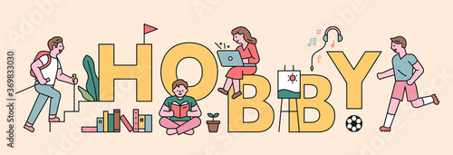 People and hobby icons around the giant letters'HOBBY'. flat design style minimal vector illustration.