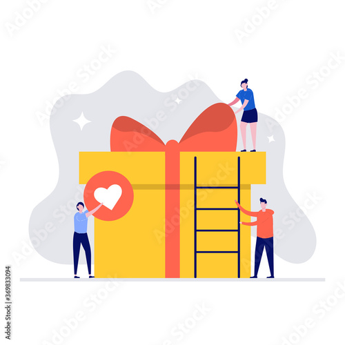 Surprise gift box vector illustration concept with characters. People packing present and decorating with ribbon. Modern flat style for landing page, mobile app, web banner, infographics, hero images