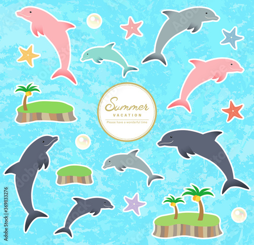 イルカと海のバラエティ素材セット【白フチ】