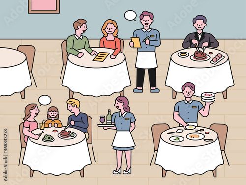 Restaurant scenery. Waitresses serving customers and dining at the table. flat design style minimal vector illustration.