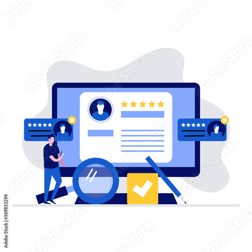 Recruitment vector illustration concept with characters. Man standing near a big laptop. Modern flat style for landing page, mobile app, poster, flyer, web banner, infographics, hero images