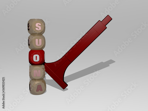 3D illustration of suona graphics and text around the icon made by metallic dice letters for the related meanings of the concept and presentations